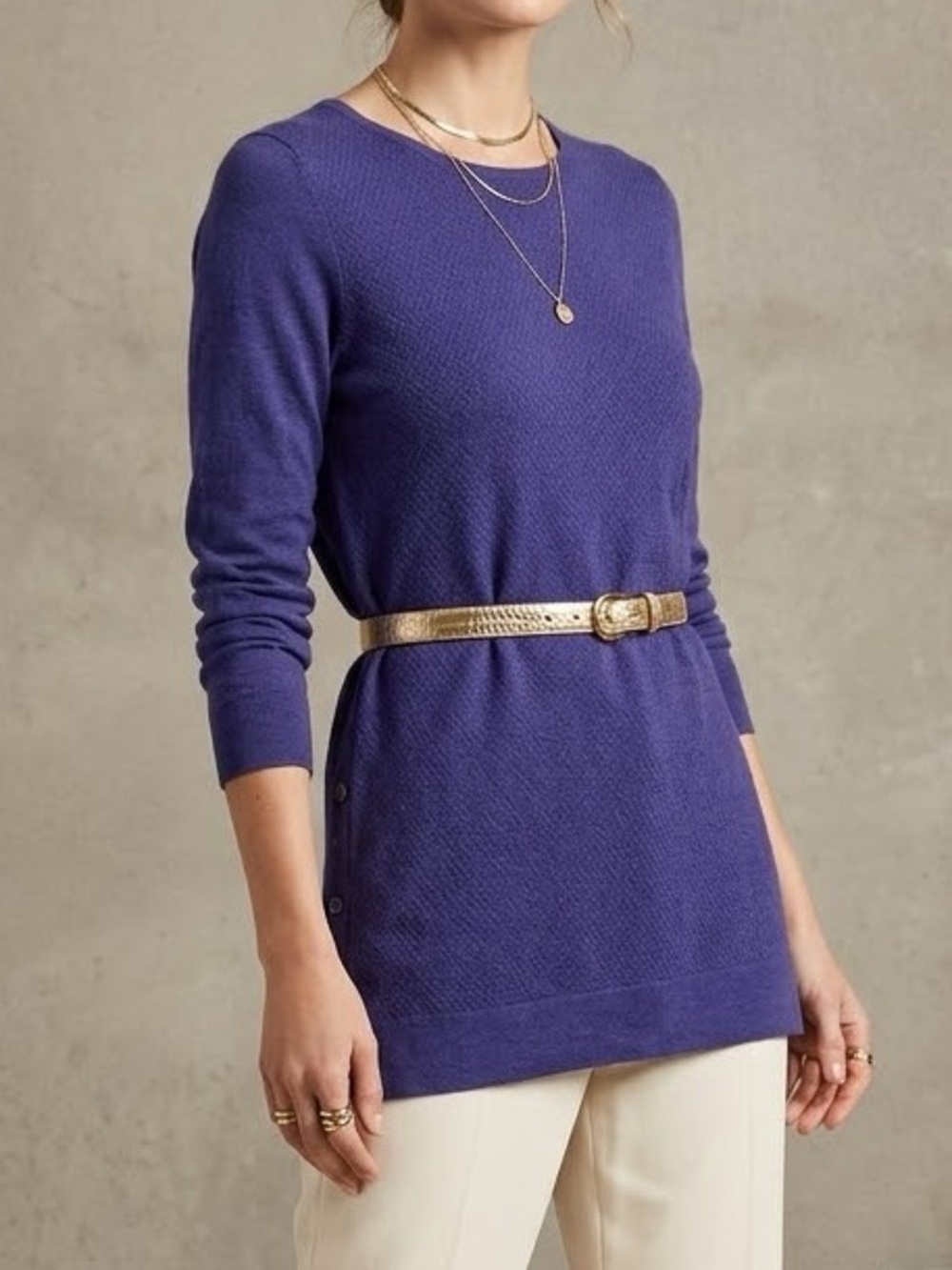 Kenar Purple 100% Extrafine Merino Wool Textured Tunic Sweater Small Button Back